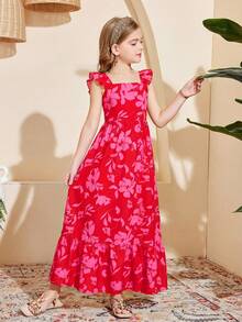 SHEIN Tween Girl Floral Print Casual Vacation Dress - Multicolor - View 3