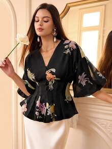 Revavyn 欧根纱印花泡泡袖女式衬衫 - 黑色 - 查看 3