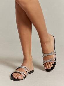 SHUZIA Women's Minimalist Crisscross Straps Slip-On Flat Sandals - Black - View 4