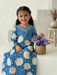 SHEIN Loose, Elegant, Simple & Comfortable Abaya Style Print Dress, Young Girls - Green - View 4
