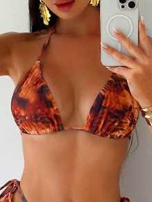 SHEIN Swim SXY 3件套女士棕色豹纹随机图案露背系带露脐上衣和侧系带比基尼泳裤，搭配网纱短裤，性感沙滩泳装套装，情人节女士服装，夏季度假服装 - 彩色 - 查看 4