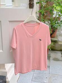 DAZY Women V-Neck Embroidered Short Sleeve Casual T-Shirt - Pink - View 3