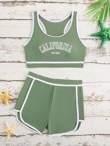 SHEIN 2件套少女彩色拼接印花弹力速干舒适针织面料连体泳衣，适合海滩、泳池、冲浪、度假、夏季旅行 - 軍綠色 - 查看 3