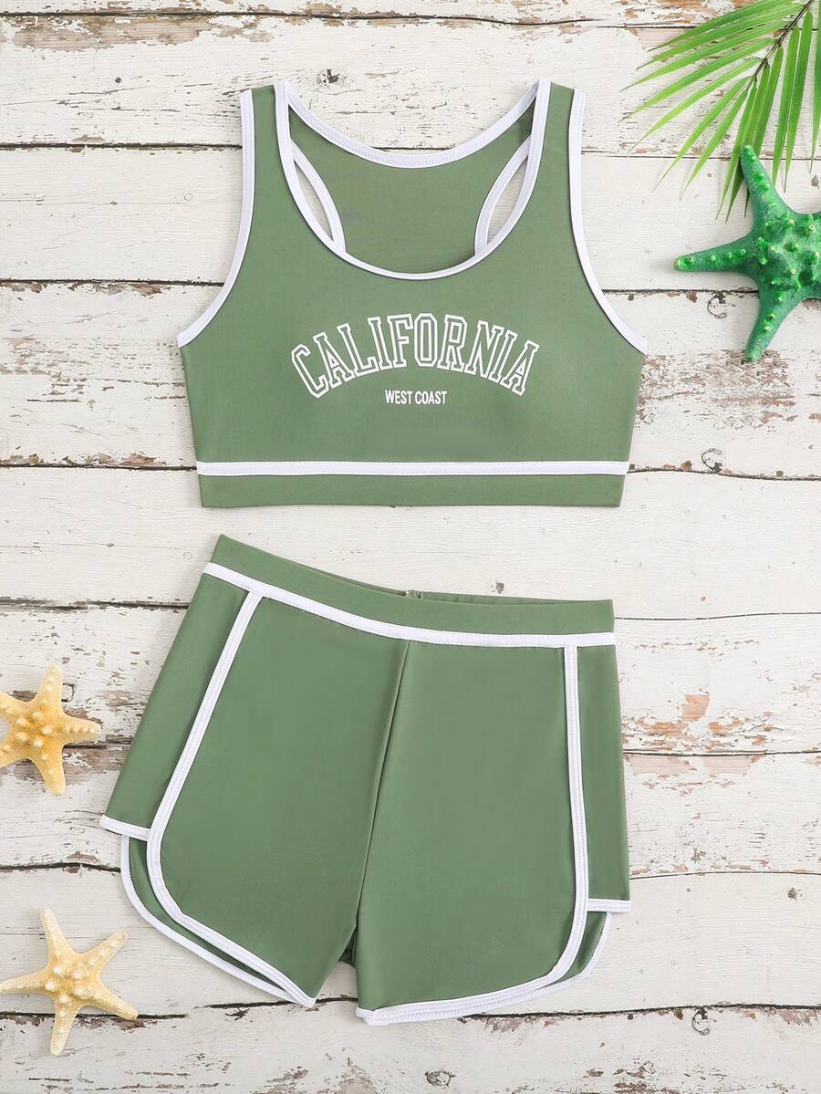 SHEIN 2pcs Tween Girl Green Tankini Swimwear Set,Summer Casual Tropical Beach Holiday Printed Elastic Quick-Dry Knit Fabric Colorful Patchwork Decor,Pool - Army Green - View 1