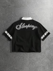 ROMWE MEN Street Life Camisa casual de manga corta con botones y estampado de letras y ángeles para hombres - Multicolor - Ver 2