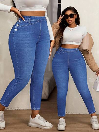 SHEIN SXY Plus Size Women Elastic Side Button Skinny Jeans