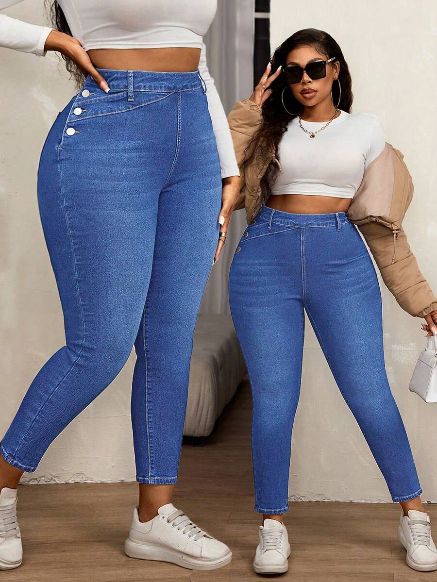 Slaydiva Plus Size Women Elastic Side Button Skinny Jeans - Medium Wash - View 1