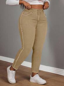 Slaydiva Plus Size Women Cowgirl Style Elastic Waist Blue Punk Jeans With Side Rivet Details, Autumn - Khaki - View 7