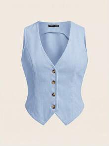 SHEIN EZwear Áo vest blazer cài cúc phía trước, không cần áo lót bên trong, thích hợp cho mùa thu/đông. - Màu xanh lam - Xem 1