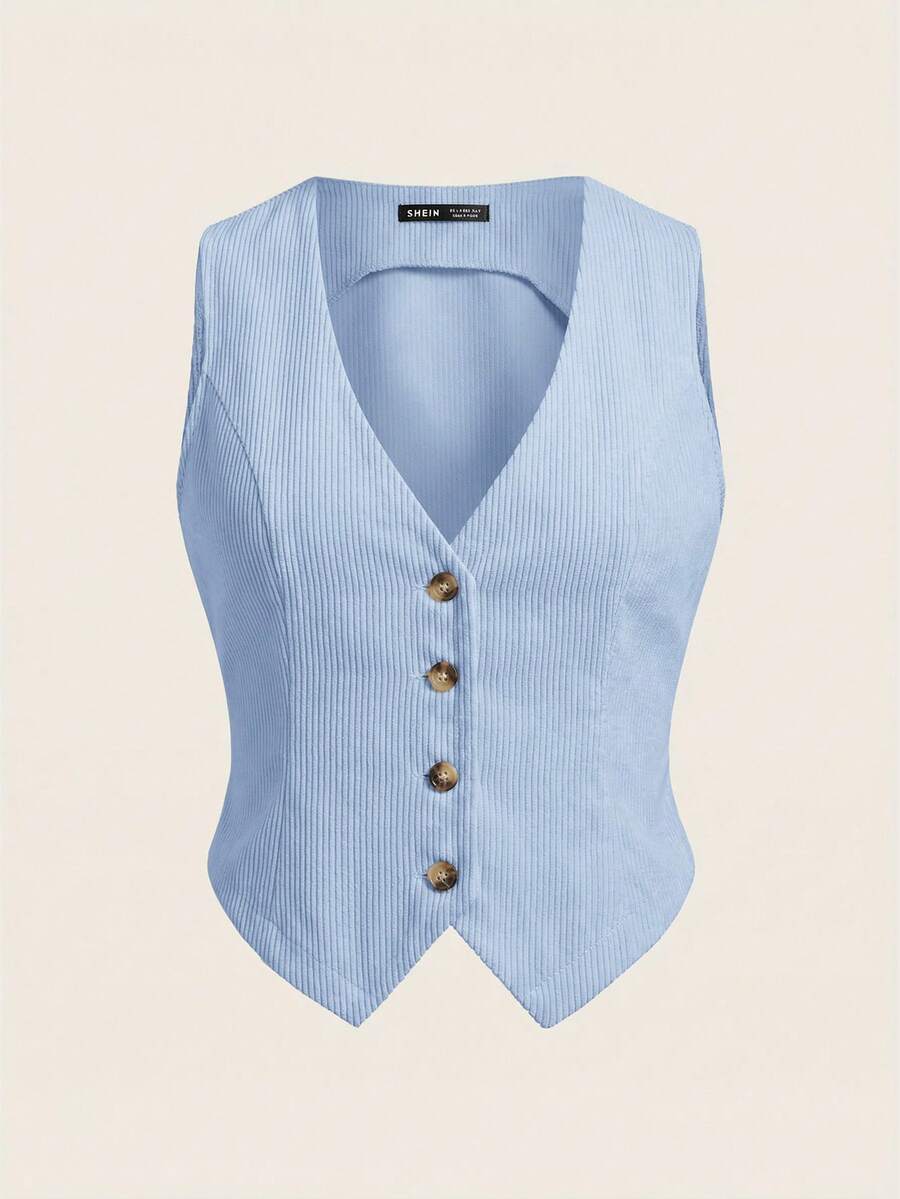 SHEIN EZwear Áo vest blazer cài cúc phía trước, không cần áo lót bên trong, thích hợp cho mùa thu/đông. - Màu xanh lam - Xem 1