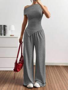 SHEIN EZwear Bộ đồ nữ màu trơn gồm áo và quần ống rộng có túi, kiểu dáng thường ngày, thích hợp cho kỳ nghỉ. - Màu xám đen - Xem 4