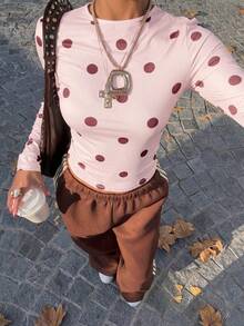 Muchica Polka Dot Print Crew Neck Fitted Women Long Sleeve T-Shirt - Pink - View 4