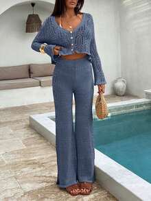 EURMUSE Boho Style Vacation Hollow Out Gold Lurex Shiny Yarn Detailed Button Down Cardigan & Wide Leg Hollow Out Crochet Wide Leg Relaxed Fit 2 Pieces Knit Set - Blue - View 7