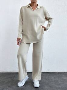 EURMUSE 2pcs/Set Solid Color Turn-Down Collar Sweater And Long Pants Outfit - Beige - View 1