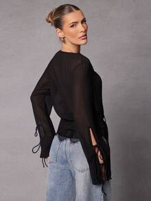 Hauture Women's Sheer Long Sleeve Blouse With Tie Detail And Lace Hem - Black - View 2