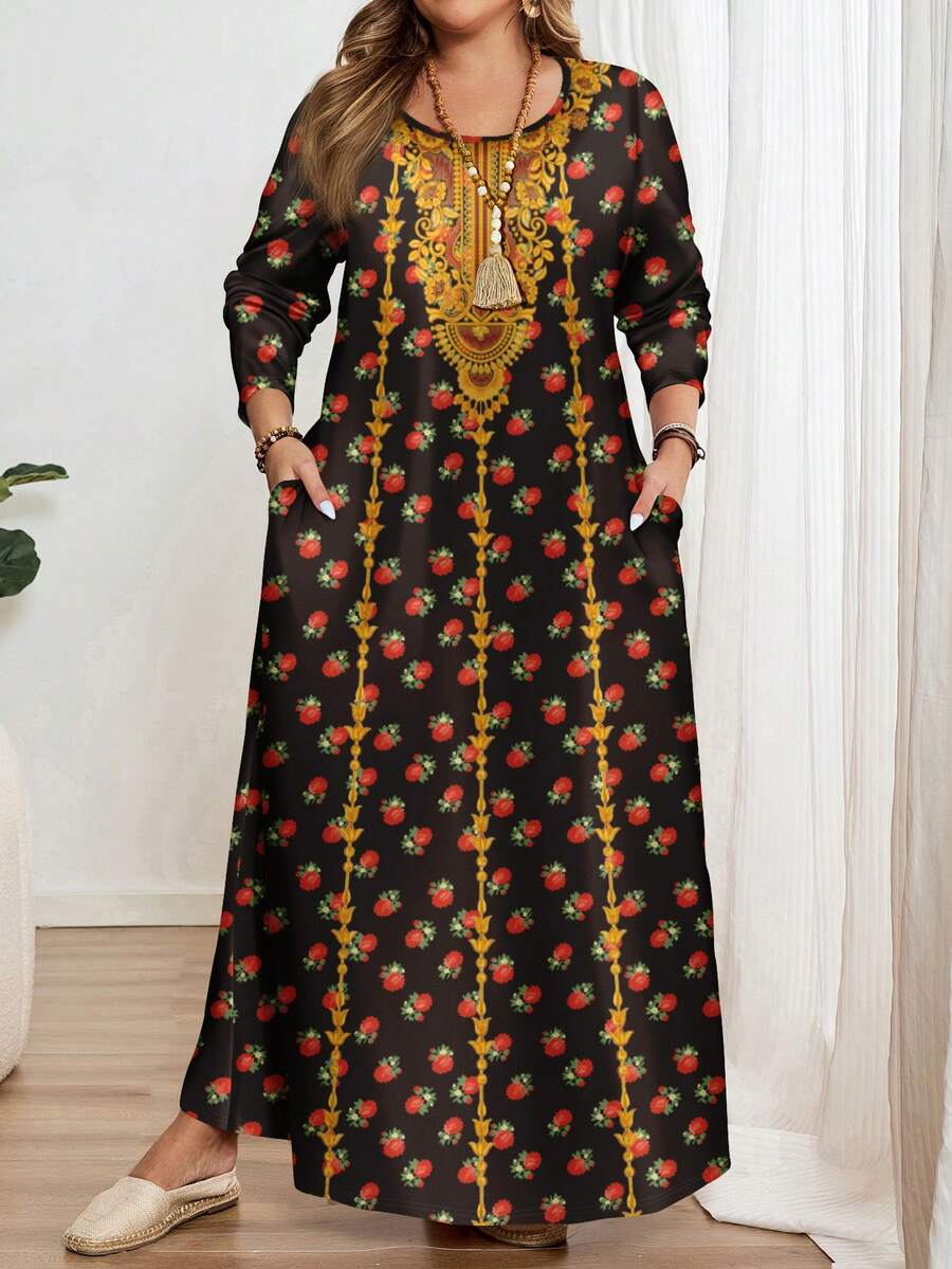 Mellowie 大码长袖圆领连衣裙，适合秋冬季穿着 - 彩色 - 查看 1