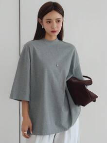 Dazy-Less 宽松休闲纯色简约短袖T恤女超大码T恤商务休闲女工作服 - 灰色 - 查看 5