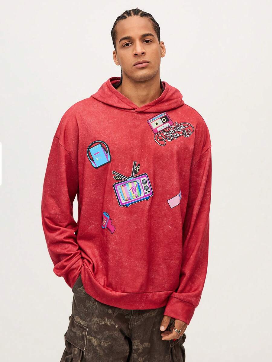 MTV | SHEIN Men's Casual Street Graphic Print Loose Fit Drop Shoulder Hoodie, Suitable For Daily Commute, Spring/Autumn - Hot Pink - View 1