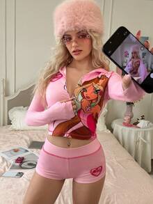 The Winx x SHEIN 女士Y2K休闲时尚街头卡通图案拉链连帽衫短裤套装，春夏秋季 - 粉色 - 查看 4