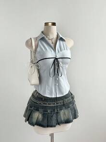 Sweetra 法式学院风浅色条纹衬衫，黑色缎带撞色设计，后背可爱蝴蝶结，修身剪裁，春季百搭女装 - 藍色 - 查看 4