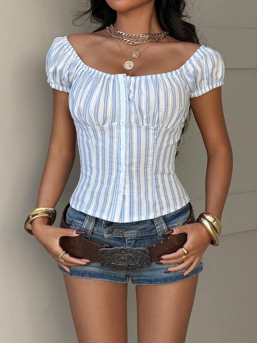 StreetHx Streetwear Women's Jacquard Plaid Textured Short Sleeve Cinched Waist Shirt, Summer - Blue - View 1