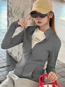 Dazy Kids 少女拉链修身长袖外套，秋季基础款修身休闲外套 - 灰色 - 查看 3