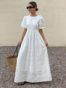 Livesso 春季蕾丝伴娘婚礼宾客白色棉质拼接花瓣袖系带露背中长连衣裙 - 白色 - 查看 4