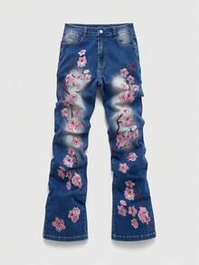 ROMWE MEN Men's Casual Pocket Floral Embroidery Denim Jeans