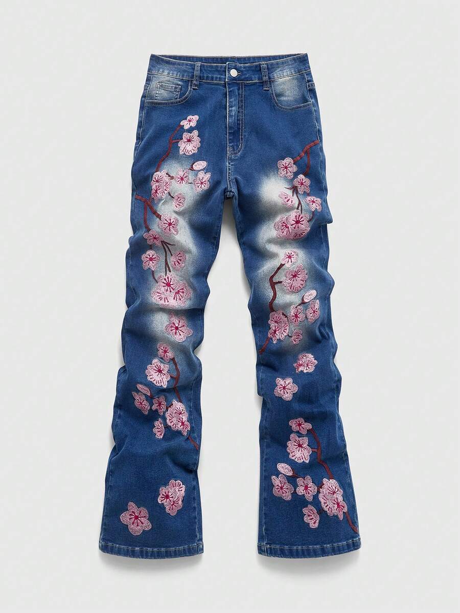 ROMWE MEN Men's Casual Pocket Floral Embroidery Denim Jeans