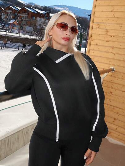 salliqueen Women's Fashion Colorblock Zipper Fleece Turtleneck Lantern Sleeve Sweatshirt