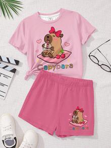2pcs Cute Capybara Print & Cherry Bow Decor Tween Girls Casual Minimalist Short Sleeve Shorts Set, Suitable For Summer, Cute Summer Outfits For Outing, Summer Tween Girl Items, Beach Mode On, Summer Outing Items - Multicolor - View 2
