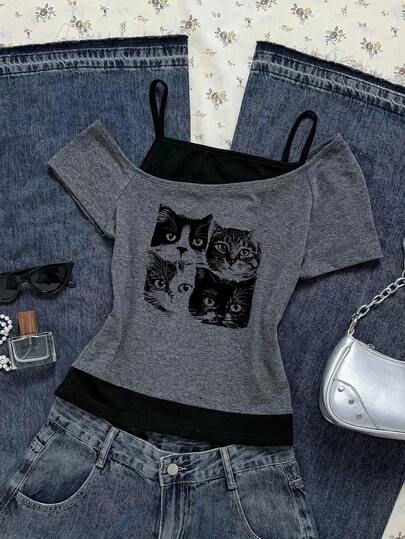 Attitoon Casual Vintage Style Black Cute Cat Grid Print Pattern 2 In 1 Women's Retro Contrast Color Short Sleeve T-Shirt, Suitable For Spring And Summer, Vintage Style, Casual Vacation Style, Sexy Style, Cute, Y2K, Coconut Girl, Boho, Vacation, Spring Break, Brunch-Ready, Baby Blue, Girls Trip, Neon Beach Vibes, Bohemian, Hippie Style, Music Festival, Suitable For Summer