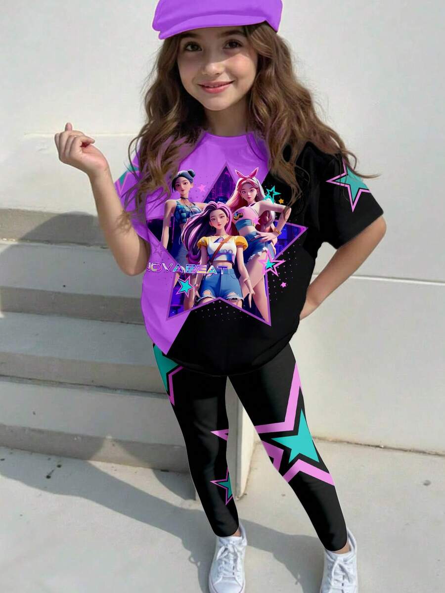 2pcs/Set Girls Idol Group Printed Top & Leggings Set, Fashionable Casual Outfit For Toddlers - Multicolor - View 1