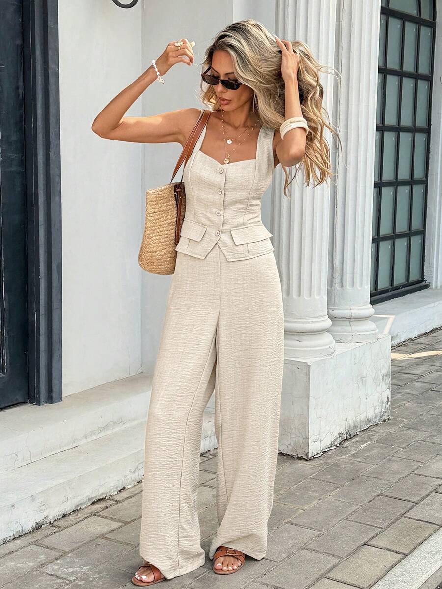 Serisse 女士纯色单排扣马甲和阔腿裤休闲两件套 - 杏色 - 查看 1