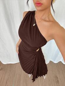Modelyn Women's Solid Color Asymmetric Hem Sleeveless Elegant Mid-Length Dress - Brown - View 6