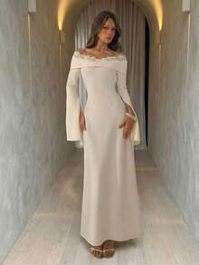 Aloruh 杏色针织露肩长连衣裙（女款） - 杏色 - 查看 2