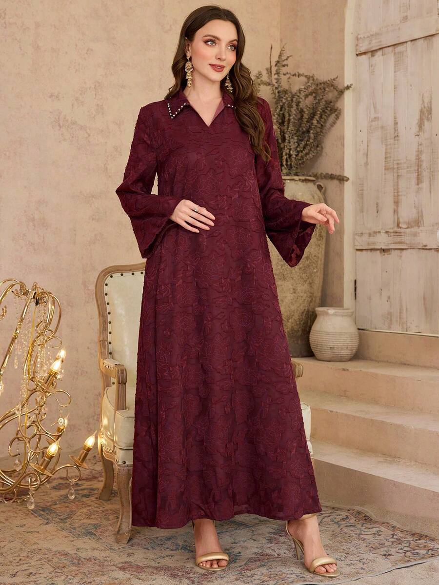 Al Najma Đầm lưới cổ đính đá kiểu Ả Rập thanh lịch. - Màu Đỏ Sâu - Xem 1