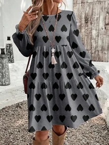 EMERY ROSE Đầm dáng rộng cổ tròn, họa tiết hoa nhí tối giản, cỡ lớn, thích hợp cho mùa thu/đông. - Xám - Xem 1