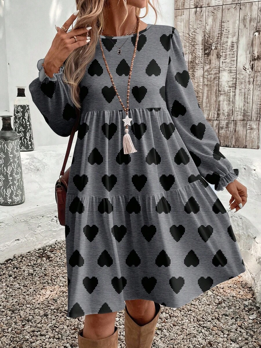 EMERY ROSE Đầm dáng rộng cổ tròn, họa tiết hoa nhí tối giản, cỡ lớn, thích hợp cho mùa thu/đông. - Xám - Xem 1