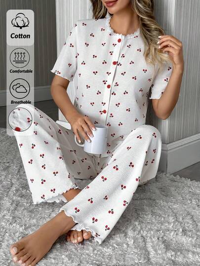 SHEIN Women Contrast Lace Detail Waffle Knit With Cheery Pattern Button Front Short Sleeved Shirt&Long Pants Homewear Comfort Lounge Set