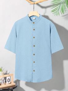 SHEIN Teen Boys' Solid Color Single-Breasted Short Sleeve Textured Casual Shirt, Comfortable And Fashionable For Summer, Suitable For Casual, School, Travel, And Beach Vacation Light Blue Shirt Short Sleeve Shirt Mandarin Collar Shirt - Baby Blue - View 4