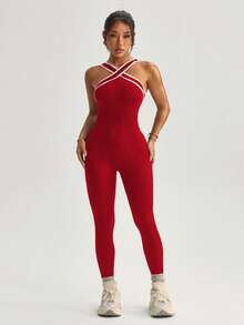 Dewbera Women's Contrast Stripe Halter Neck Jumpsuit - Red - View 5