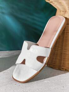 SHUZIA 畅销款女士奢华灵感镂空露趾经典白色PU压纹拖鞋 - 白色 - 查看 7