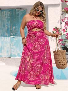 Vivid Eden 大码露背系带镂空串珠装饰波西米亚印花连衣裙，适合度假穿着 - 彩色 - 查看 5