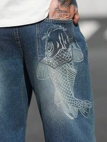 Manfinity LEGND Vintage Distressed Fish Scale Print Carp Pattern Wide Leg Jeans, High Street American Design Men Wide Leg Jean - Dark Wash - View 3