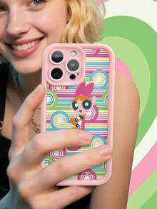 THE POWERPUFF GIRLS X SHEIN 1pc Pink And Green Stripes With Musical Notes, Retro Y2K Sky Eye And Staircase Design, High-End Texture, Soft, Skin-Friendly, And Durable TPU Material | 360° Camera Protection And Shock-Absorbing Air Cushion | Compatible With IPhone 17/17 Pro/17 Pro Max/Air And 16/15/14/13/12/11/Pro/Pro Max/X/XR/XS/XS Max/7/8/Plus - Pink - View 4