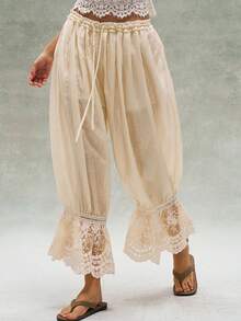 Bohemela Women's Vacation Casual Lace Patchwork Pants - Beige - View 8