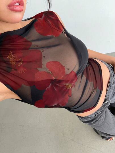 Siren Gaze Sexy Mesh Tropical Floral Print Blouse, Casual Resort Style, Suitable For Spring/Summer, Vacation, Island