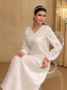 Al Najma Traditional  Arabic White Beaded Embroidered Loose V-Neck Robe Abaya - White - View 6