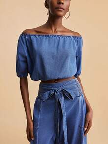 Travachic Women's Off Shoulder Short Sleeve Cropped Denim Top - Medium Wash - View 1